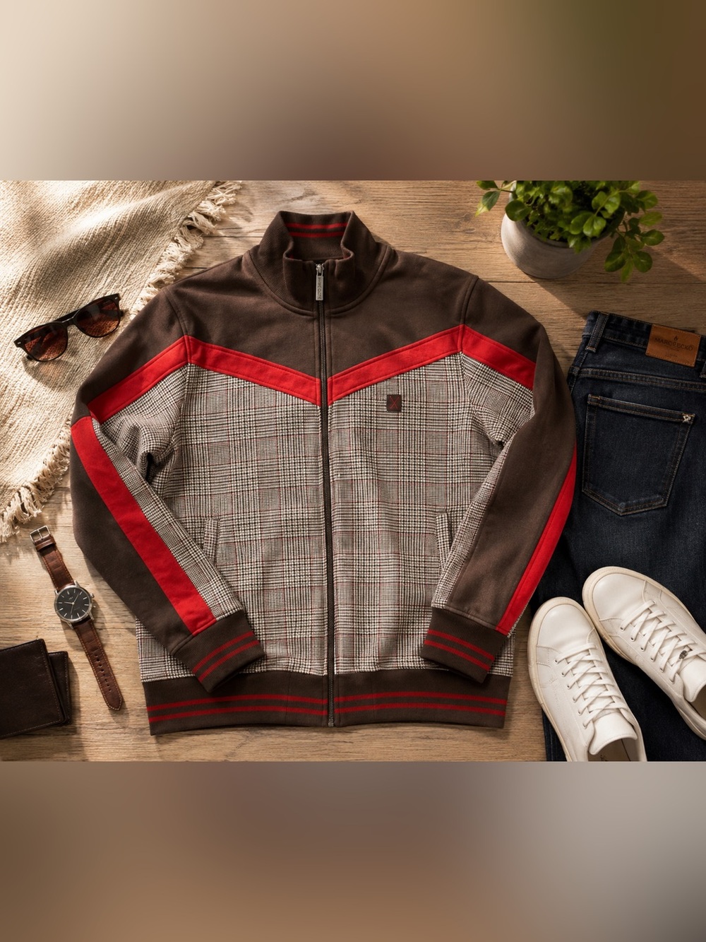 Size L Men’s Marc Ecko Cut & Sew Full Zip Sweatshirt Jacket Brown Red Plaid